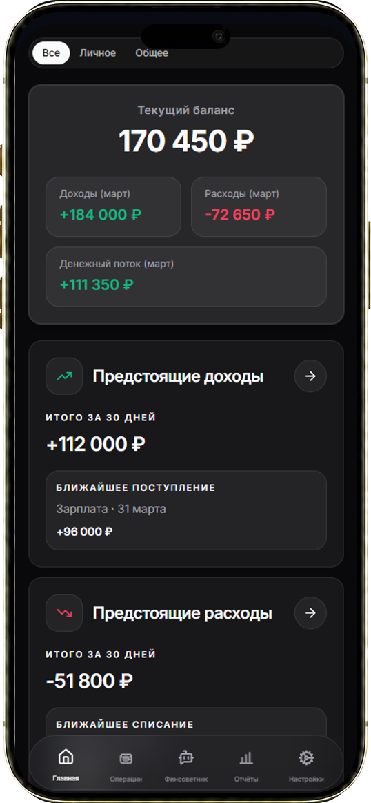 Главный экран Money Monkey с балансом, доходами и финансовым фокусом
